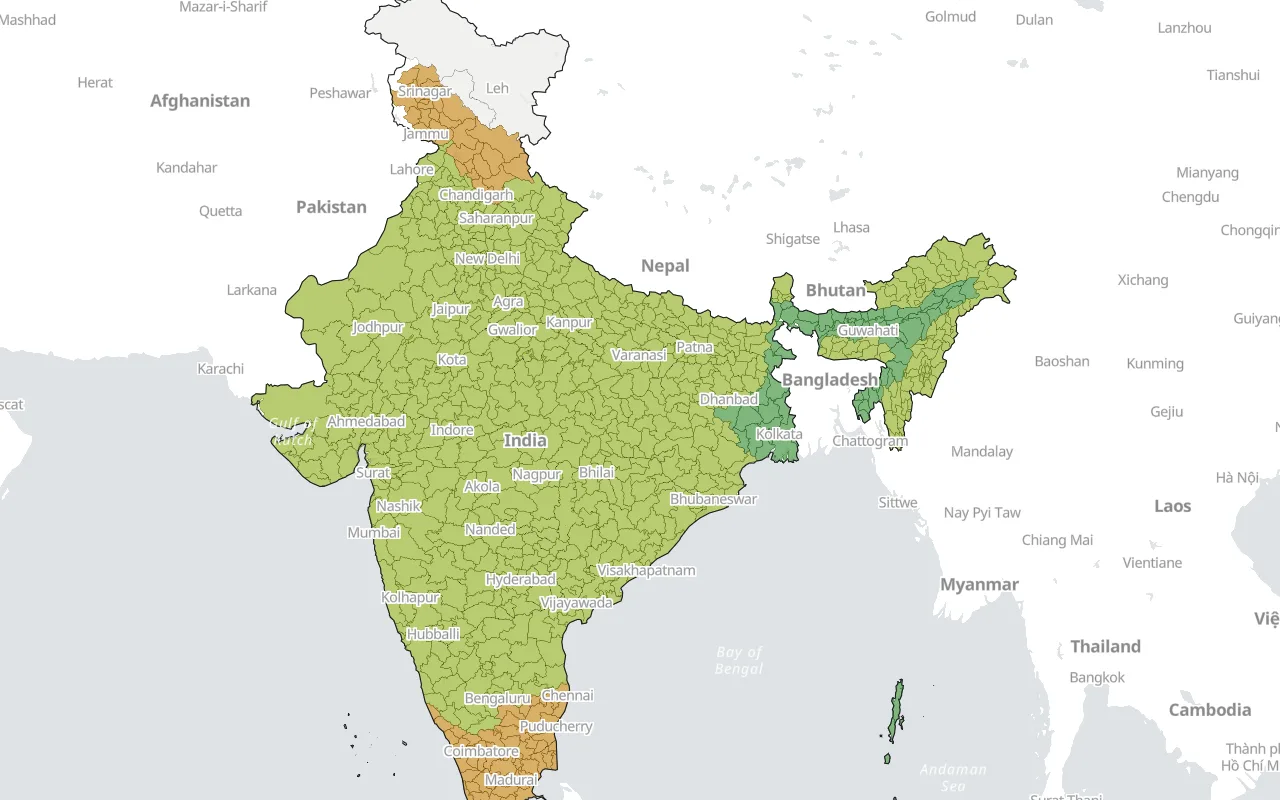 Dhaan: India's districts in the colour of their rice season today, Punjab and the plain in harvest amber, the east still green