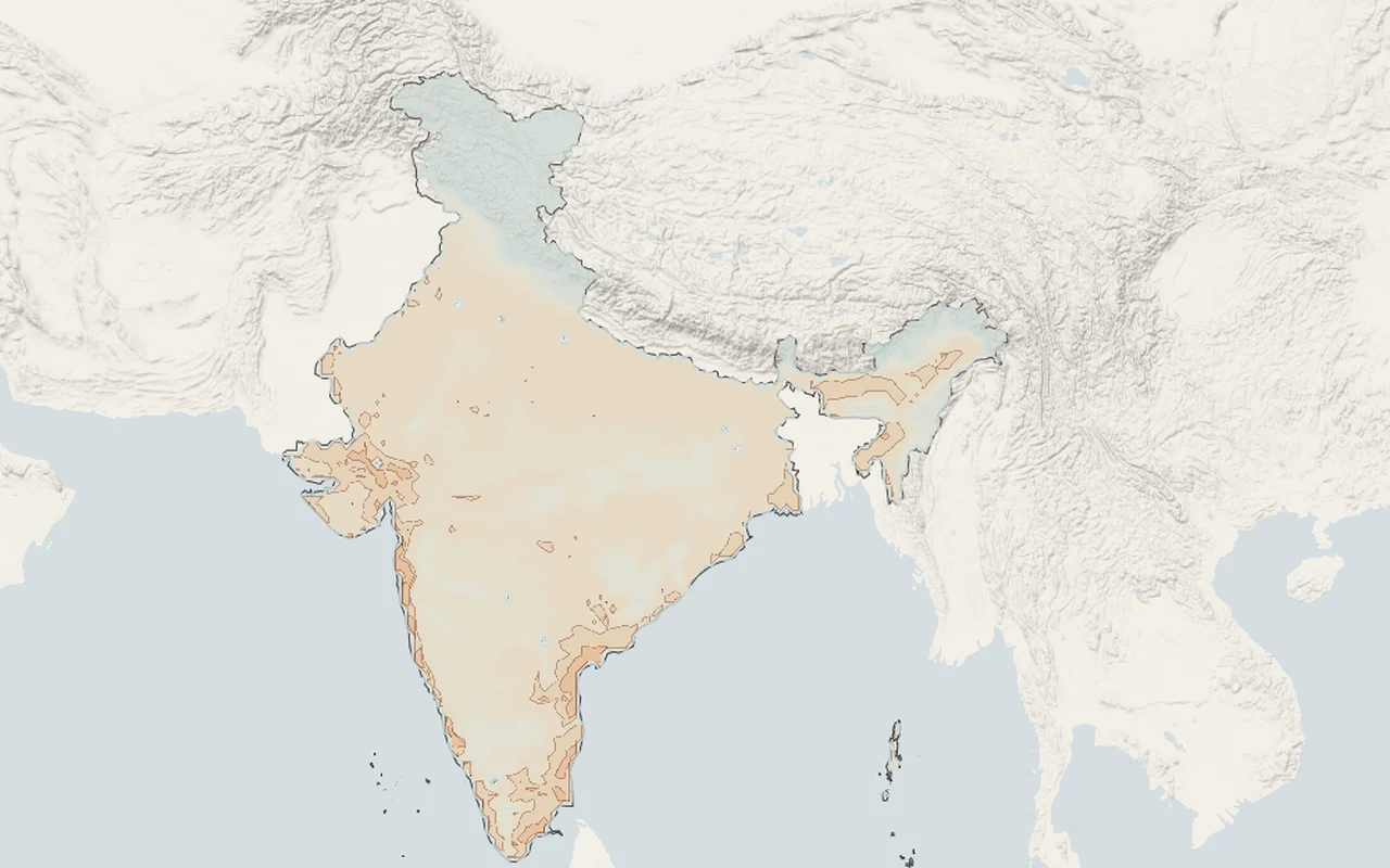 Garmi: India on relief, shaded by how close the day's air comes to the wet-bulb limit of a resting adult, the three closest districts named beside the map