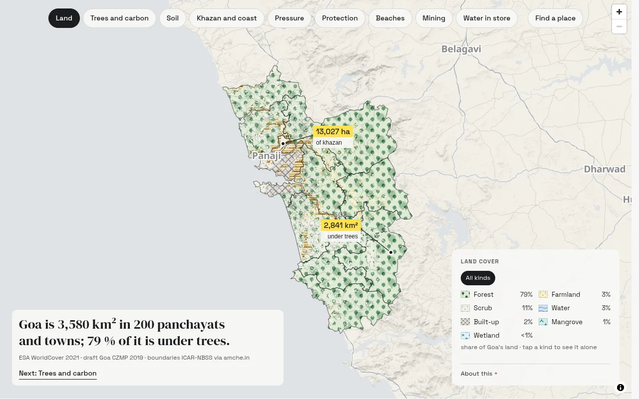 Goenche: Goa's land as textures, forest, khazan and mangrove, with panchayat boundaries