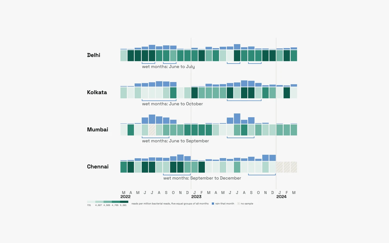 Pratirodh: a row of months for Delhi, Kolkata, Mumbai and Chennai, each month shaded by the resistance genes in that city's drains, with rain above and each city's wet season bracketed