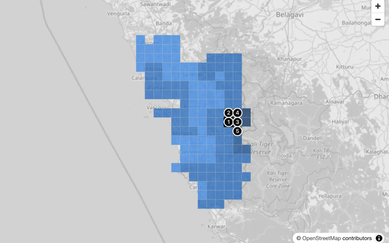 PathogenWatch: Goa on a 5 km grid, top five cells marked