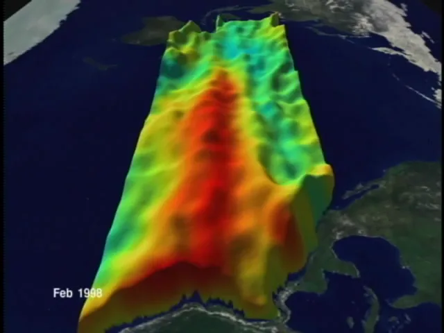 November 1997: a broad red ridge of warm water runs along the equator to South America.