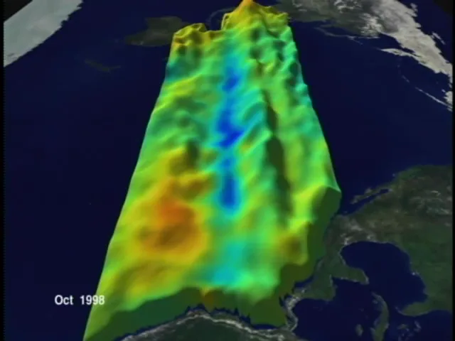 Late 1998: the red ridge is gone and a blue streak of cool water lies along the equator.