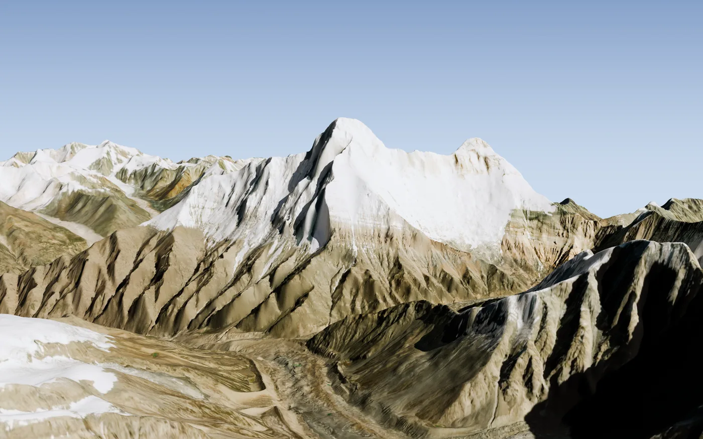 Nanda Devi from the south-west: the summit, the south-west face and the ridges at its foot, rendered from satellite heights and a satellite picture