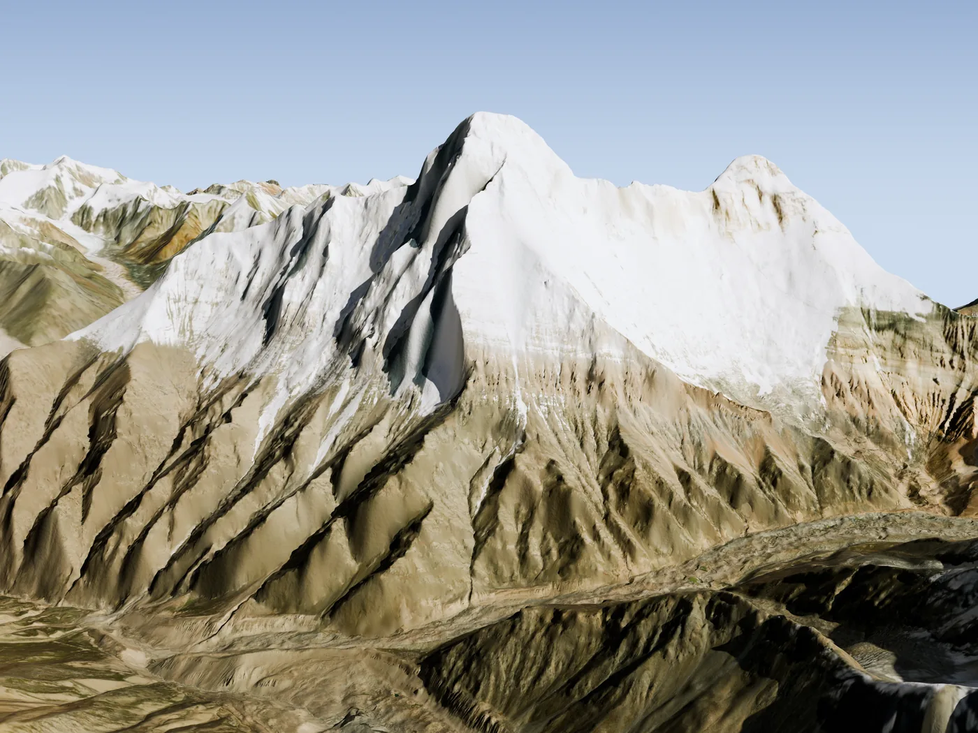Fall paths from the fourth camp drawn on the south-west face: most run south-south-west to the glacier, some west to the valley floor