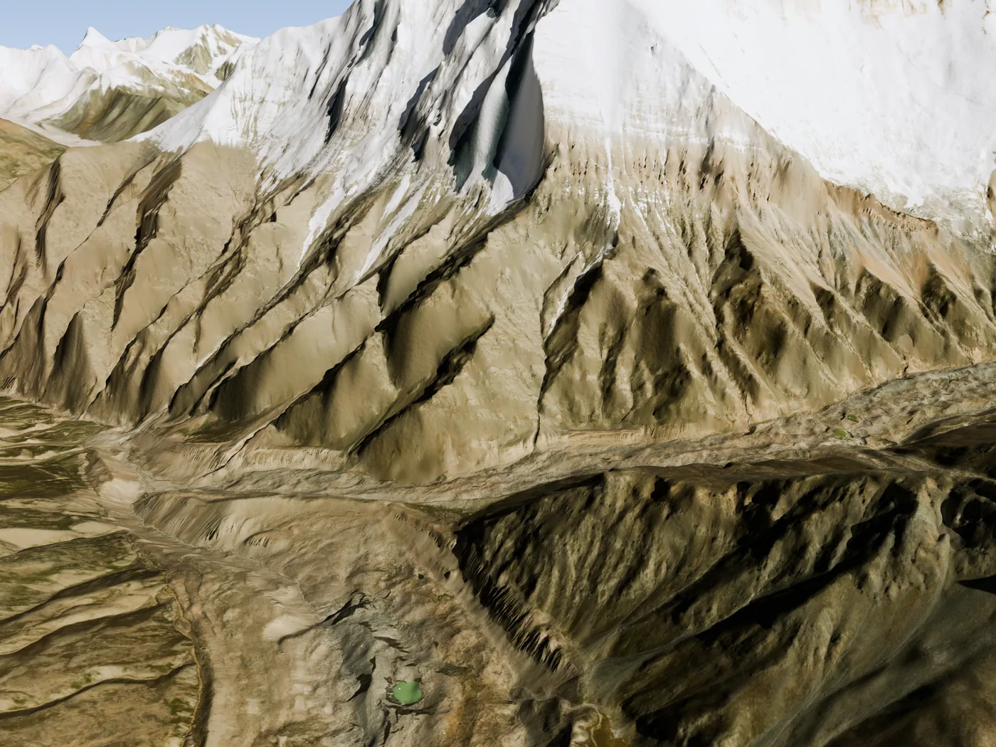 The lower glacier seen across from the south-west, the face rising behind it, its centreline marked every kilometre and the short distance the ice has moved since 1965