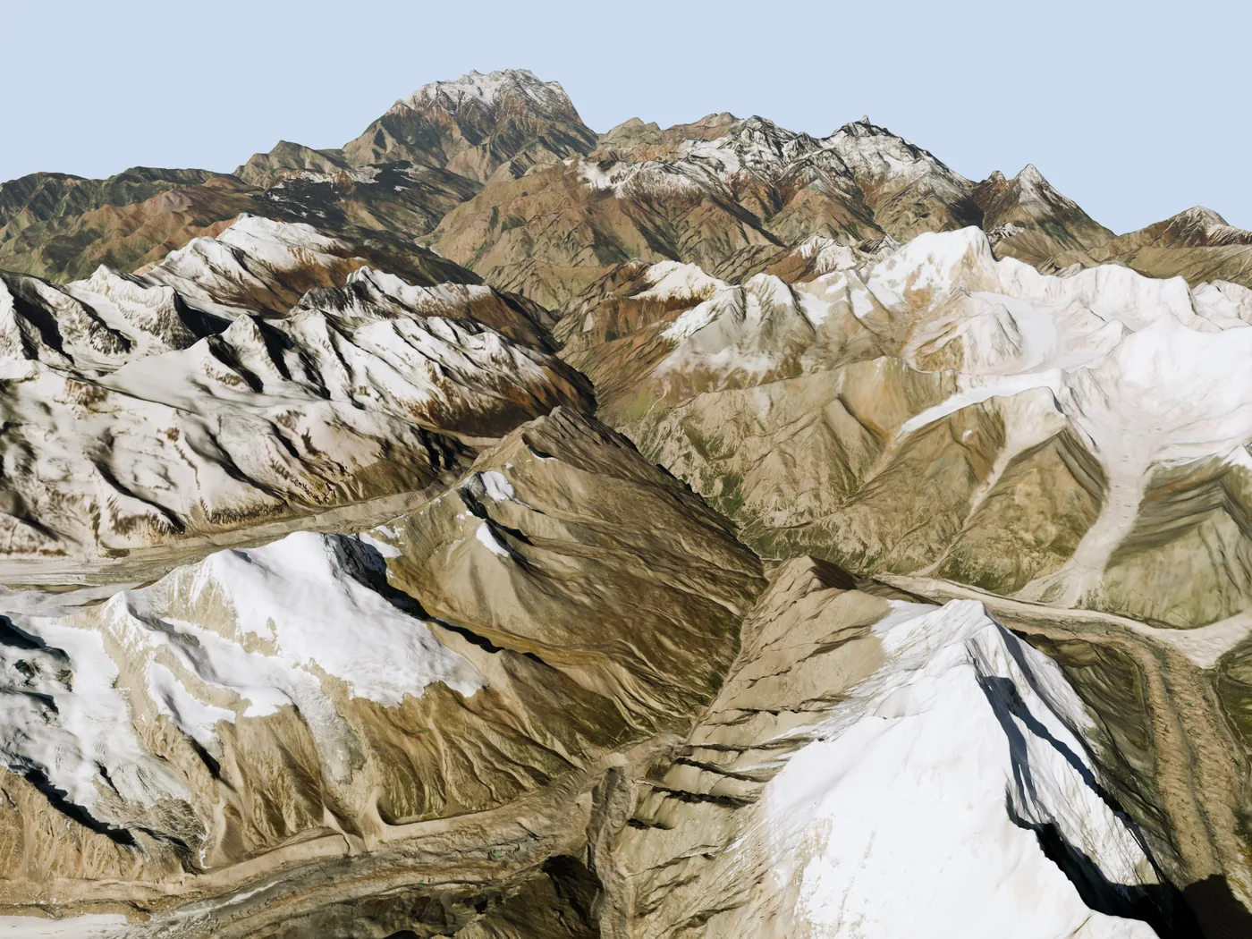 The Nanda Devi Sanctuary and the Rishi Ganga gorge from high in the south-east, the river traced from the glacier to its meeting with the Dhauliganga at Reni