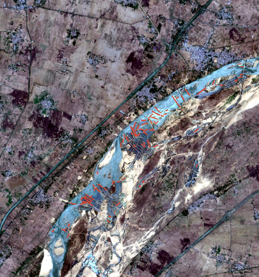 Satellite frame, Son river at Nasriganj, Bihar, 19 May 2026 · 10:27 IST · walls in red